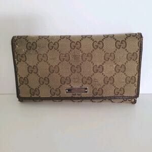 GUCCI GG Guccissima Logo Canvas Leather Wallet Long Bifold Brown Fair Vintage